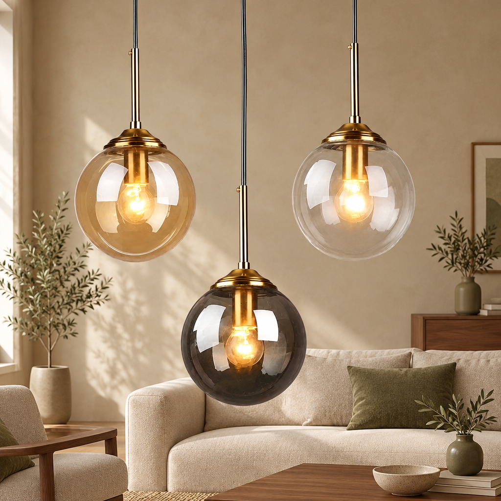 Brass round 3-light glass globe pendant in mixed amber, clear and smoky grey glass in a warm beige interior