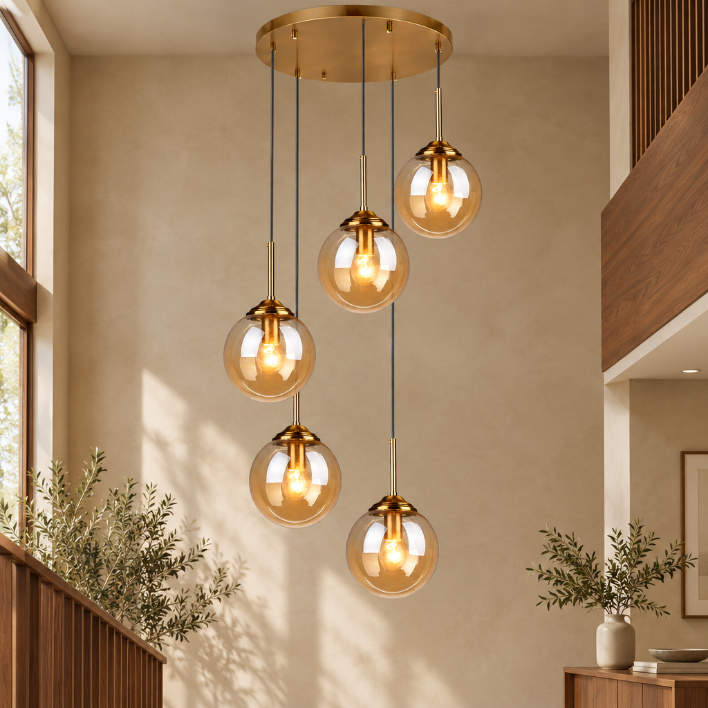 Brass round 5-light glass globe pendant in amber glass in a warm beige interior