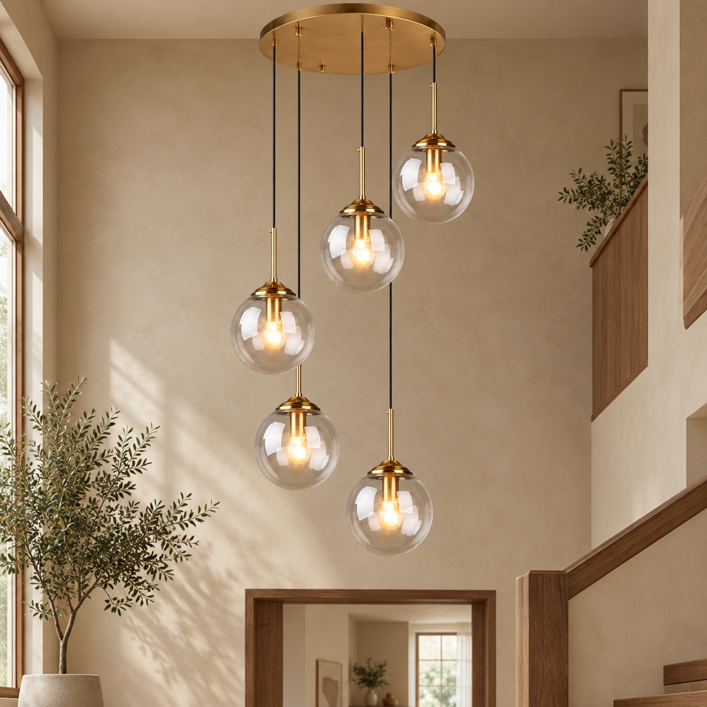 Brass round 5-light glass globe pendant in clear glass in a warm beige interior