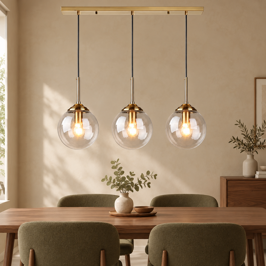 Brass 3-light bar glass globe pendant in clear glass in a warm beige interior