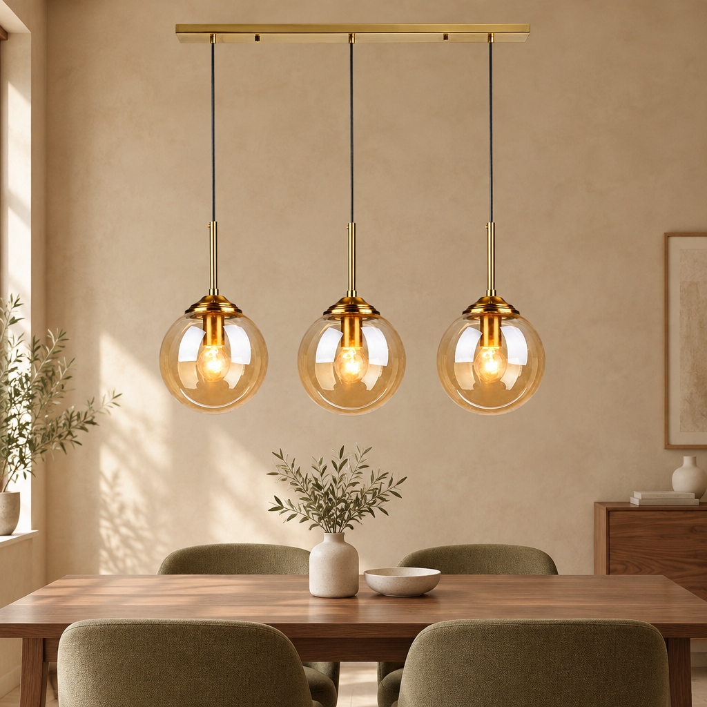 Brass 3-light bar glass globe pendant in amber glass in a warm beige interior