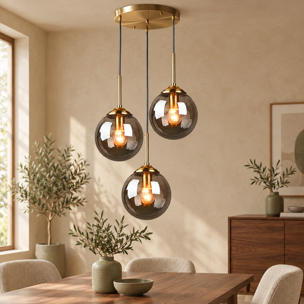 Brass round 3-light glass globe pendant in smoky grey glass in a warm beige interior