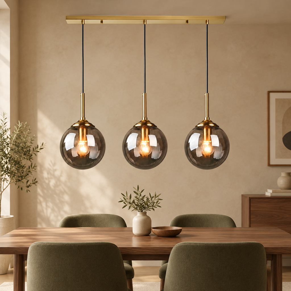Brass 3-light bar glass globe pendant in smoky grey glass in a warm beige interior