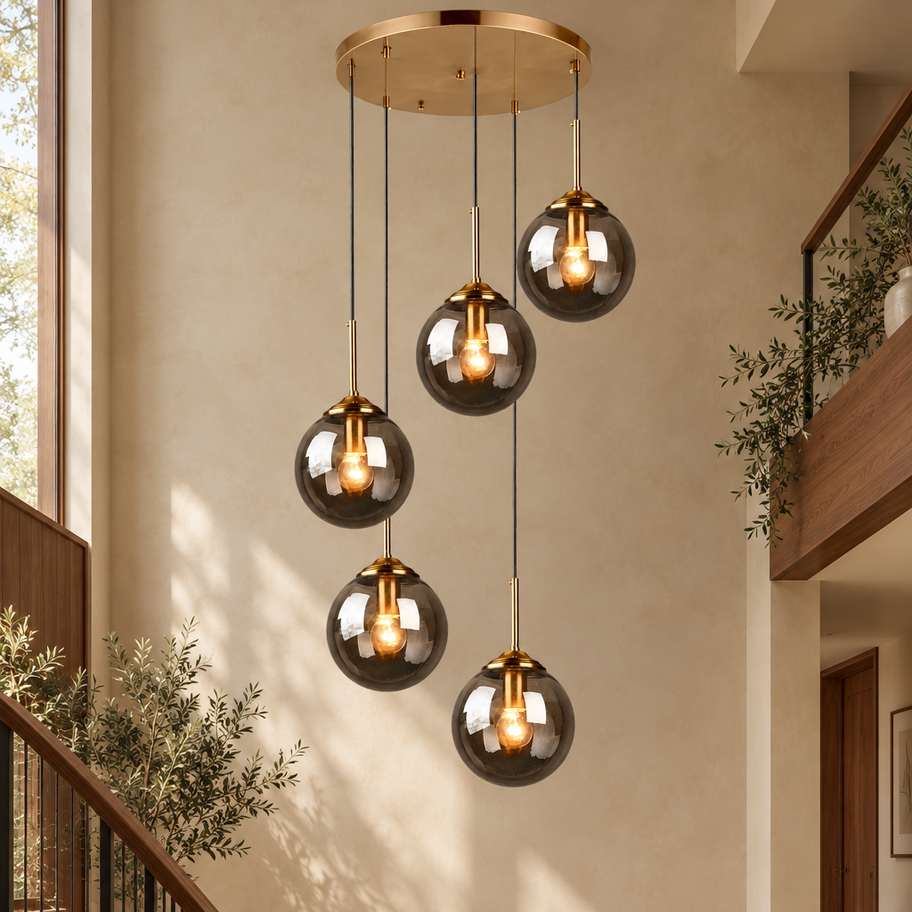 Brass round 5-light glass globe pendant in smoky grey glass in a warm beige interior