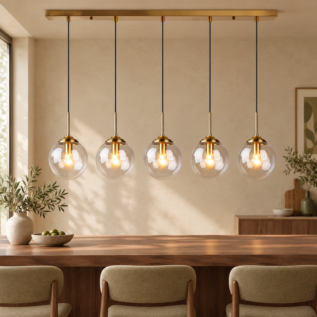 Brass 5-light bar glass globe pendant in clear glass in a warm beige interior