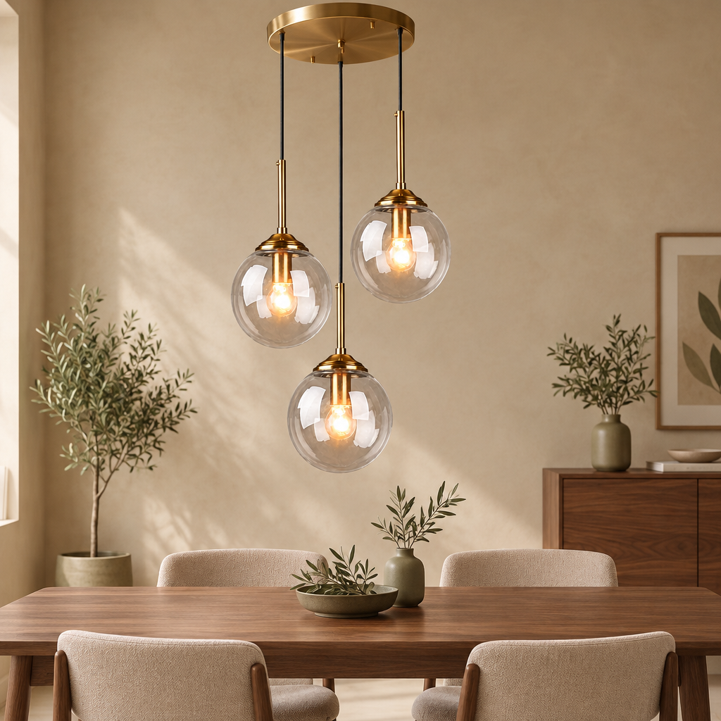 Brass round 3-light glass globe pendant in clear glass in a warm beige interior