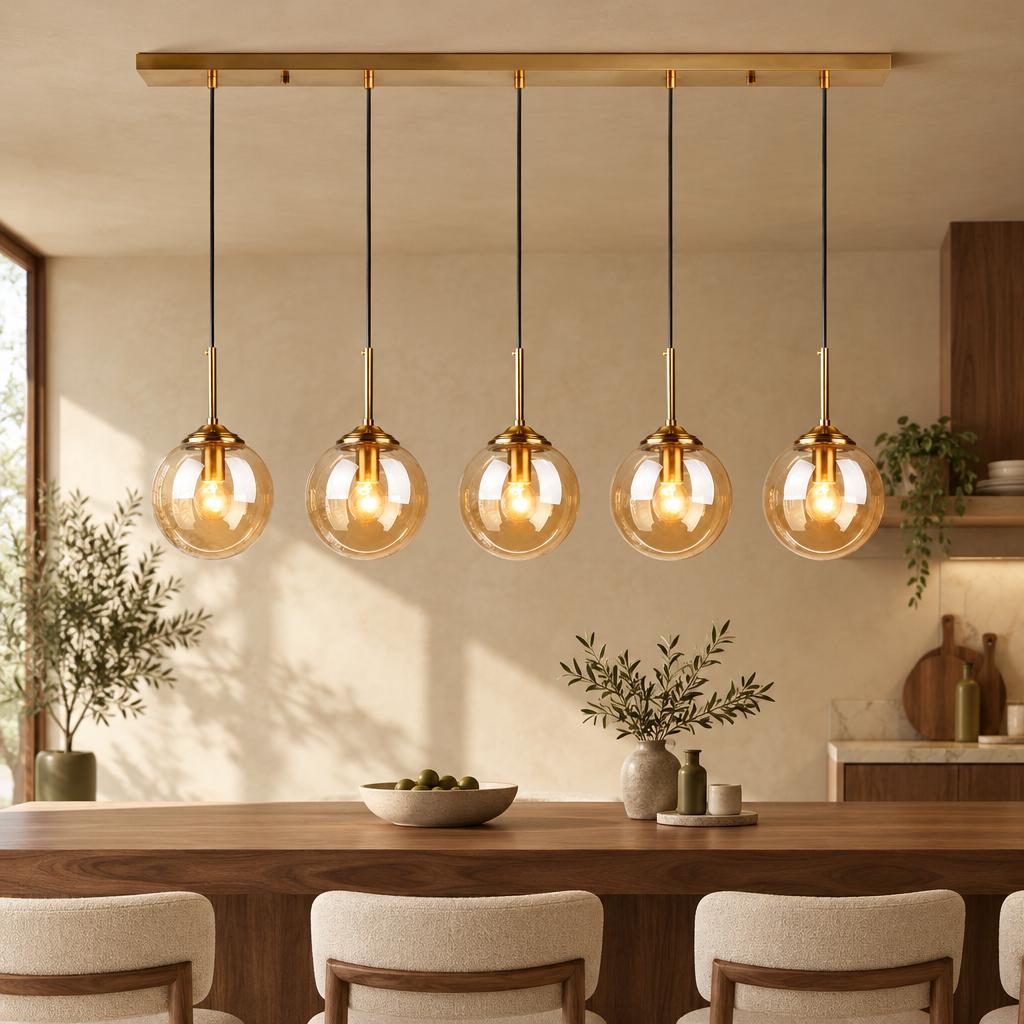 Brass 5-light bar glass globe pendant in amber glass in a warm beige interior