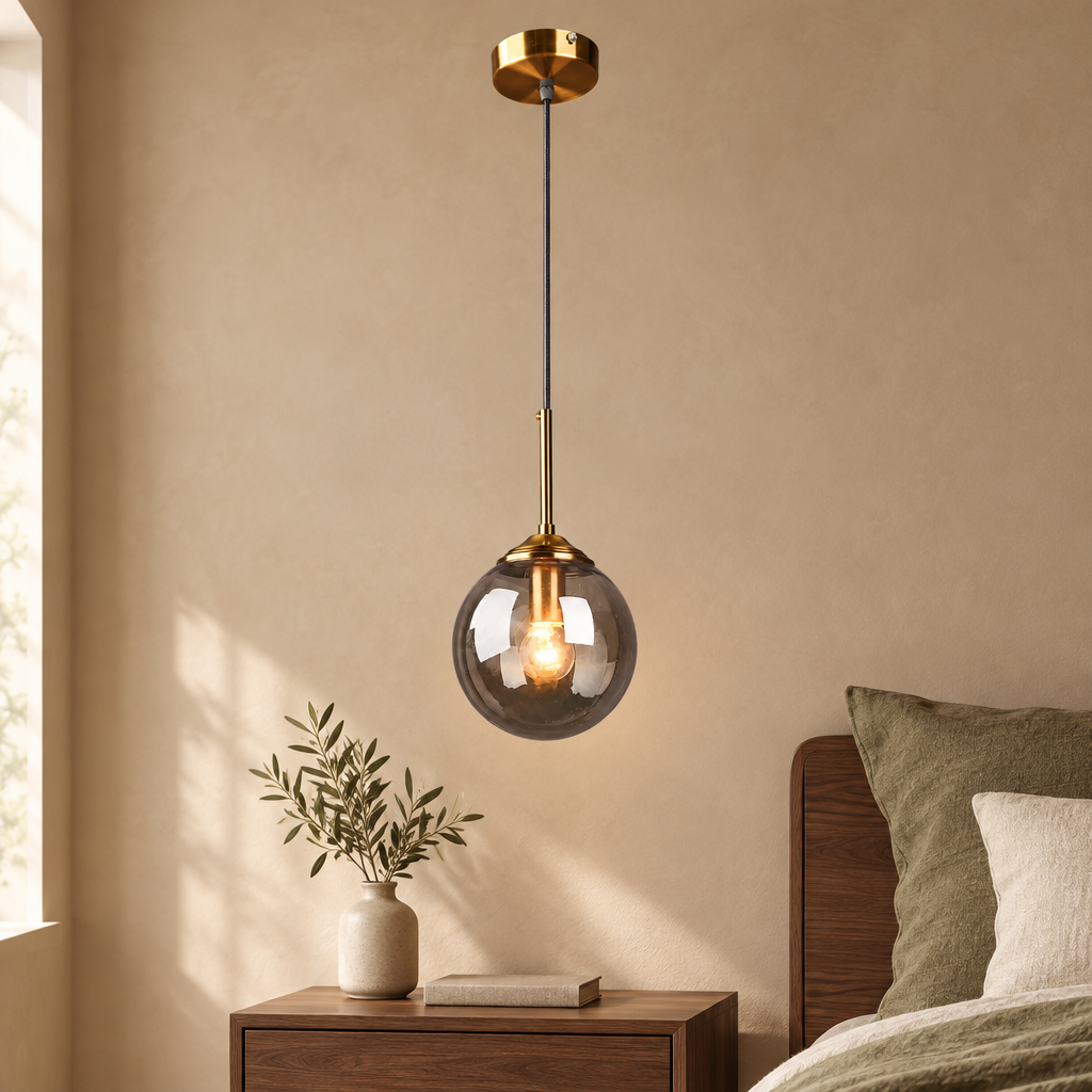 Single smoky grey glass globe pendant with brass stem beside a walnut bedside table in a warm beige bedroom