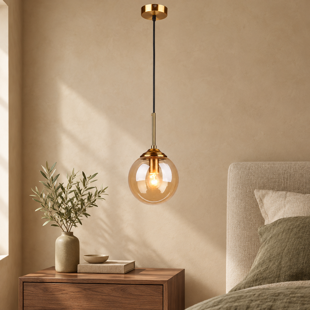 Single amber glass globe pendant with brass stem beside a walnut bedside table in a warm beige bedroom