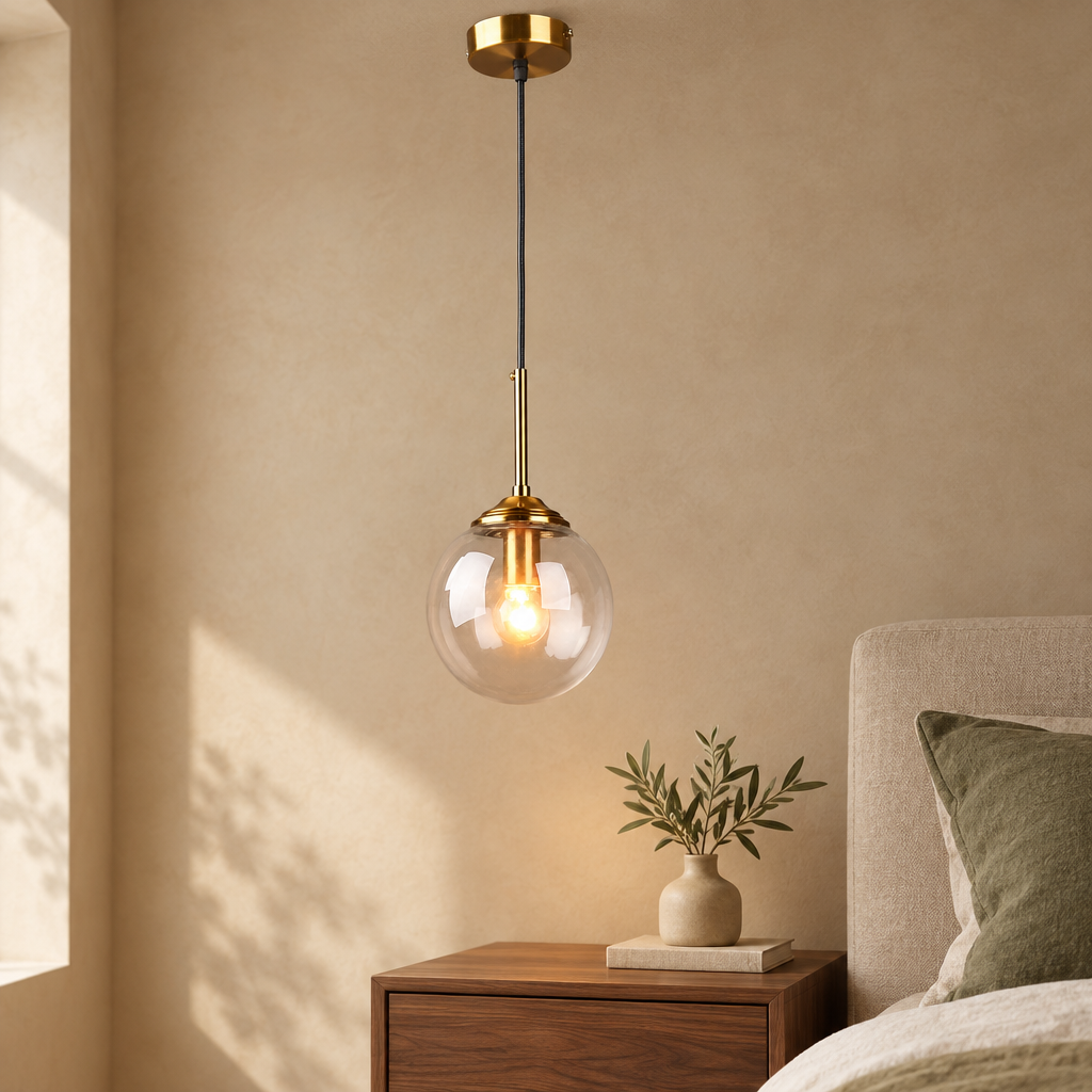 Single clear glass globe pendant with brass stem beside a walnut bedside table in a warm beige bedroom