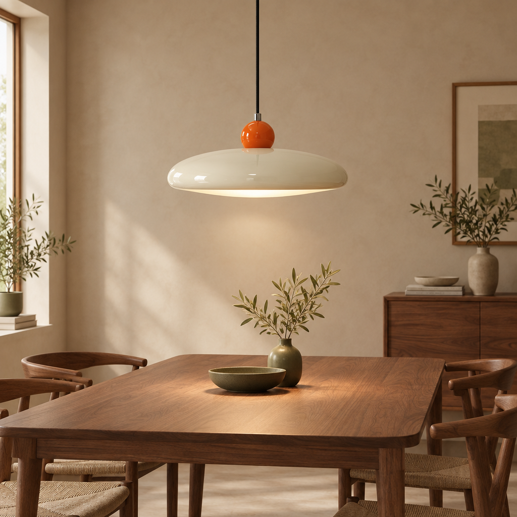 Cream saucer pendant light with orange sphere above a walnut dining table in a warm beige room