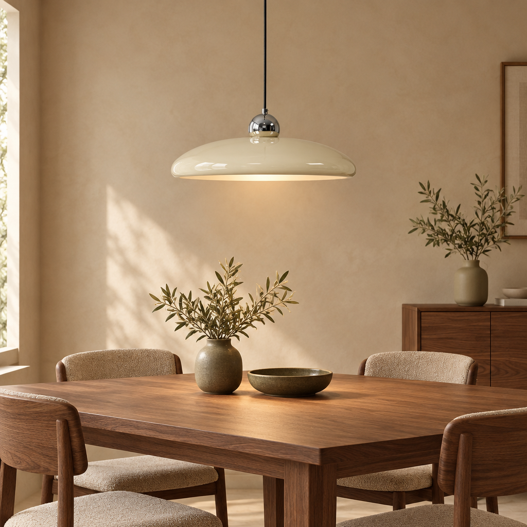 Cream saucer pendant light with silver sphere above a walnut dining table in a warm beige room