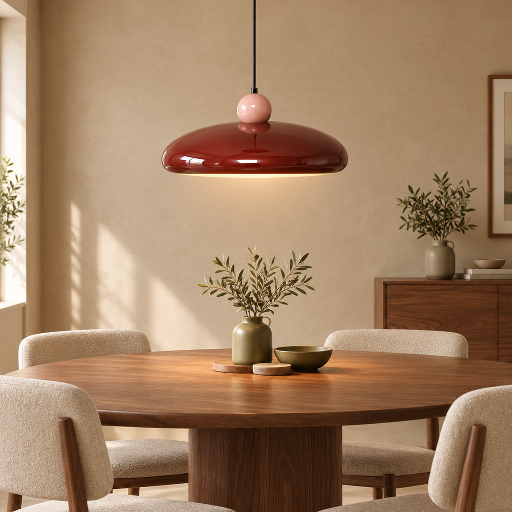 Red saucer pendant light with pink sphere above a walnut dining table in a warm beige room