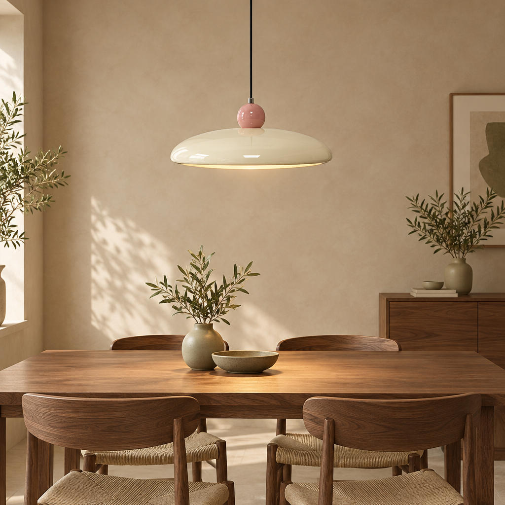 Cream saucer pendant light with pink sphere above a walnut dining table in a warm beige room