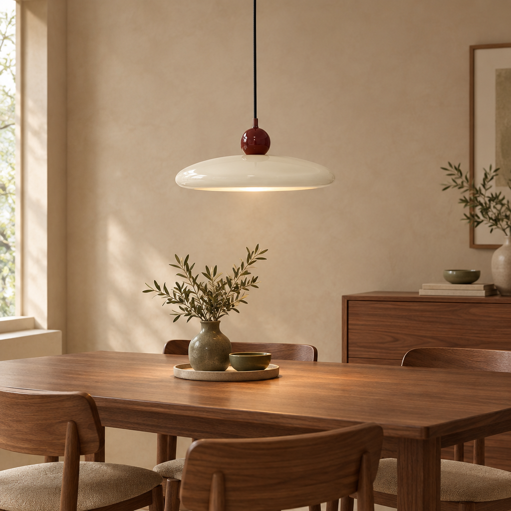 Cream saucer pendant light with red sphere above a walnut dining table in a warm beige room