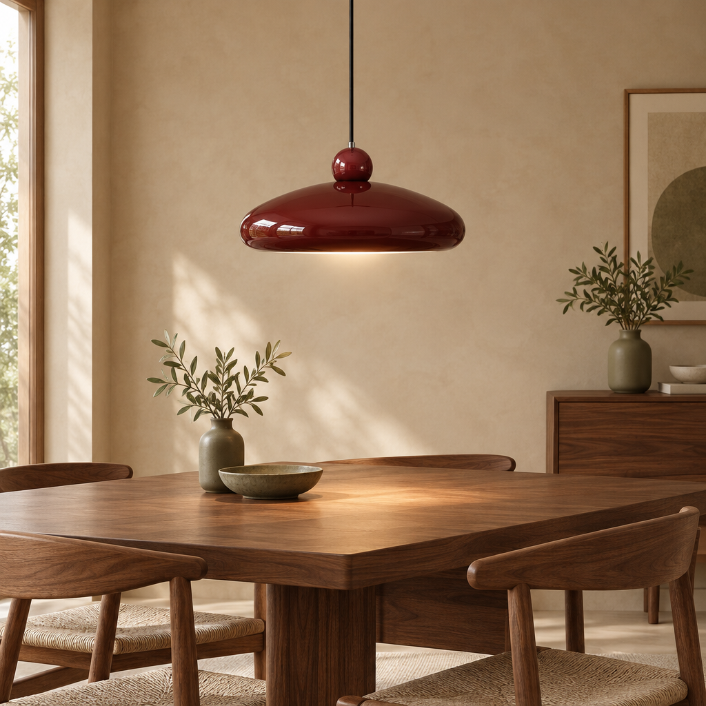 Red saucer pendant light with red sphere above a walnut dining table in a warm beige room
