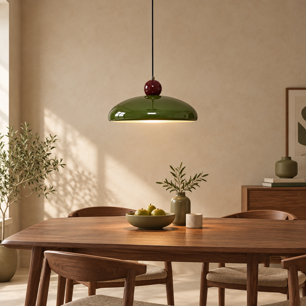 Green saucer pendant light with red sphere above a walnut dining table in a warm beige room