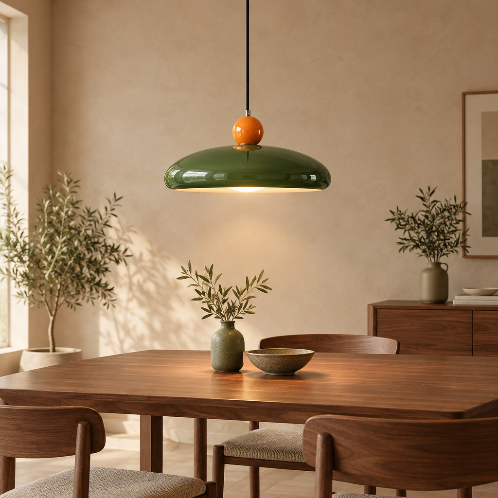 Green saucer pendant light with orange sphere above a walnut dining table in a warm beige room