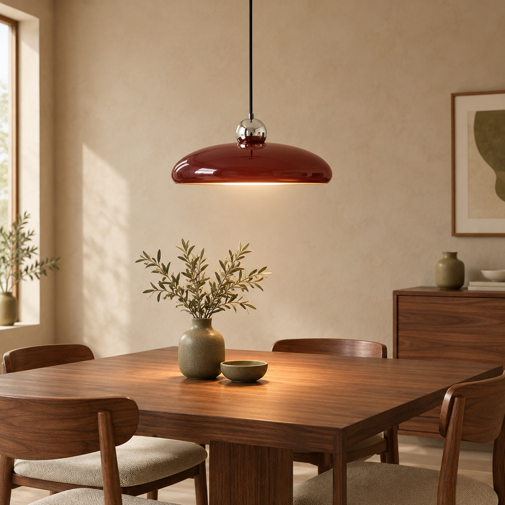 Red saucer pendant light with silver sphere above a walnut dining table in a warm beige room