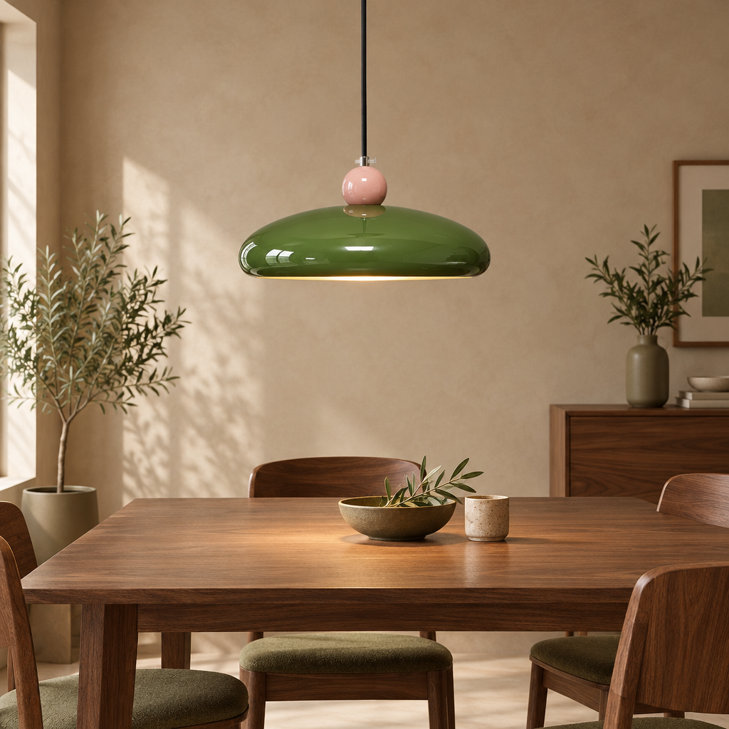 Green saucer pendant light with pink sphere above a walnut dining table in a warm beige room