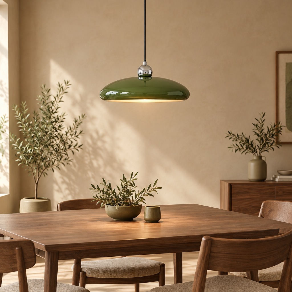 Green saucer pendant light with silver sphere above a walnut dining table in a warm beige room