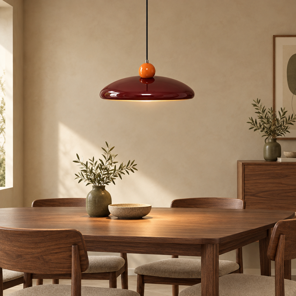 Red saucer pendant light with orange sphere above a walnut dining table in a warm beige room