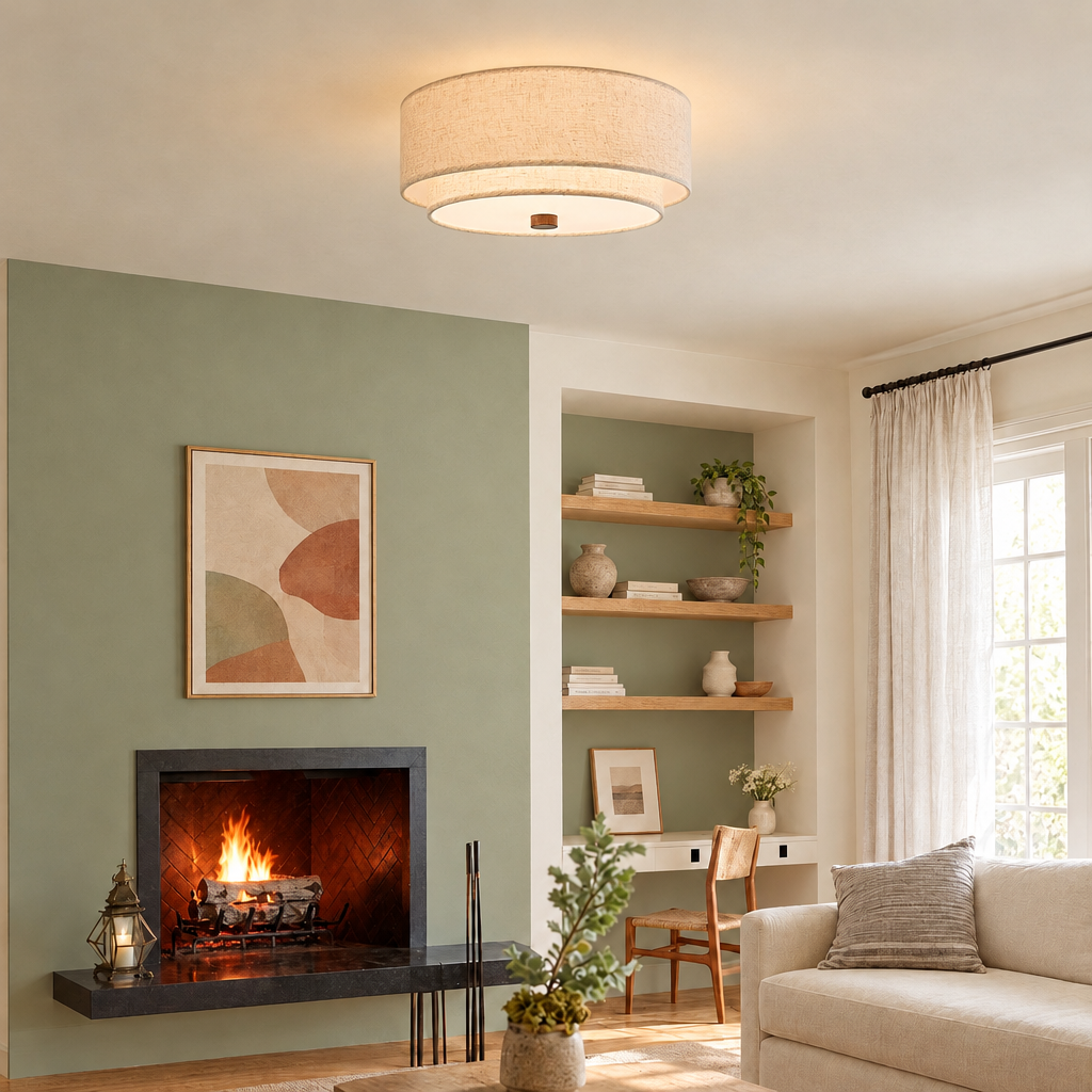 Two-tier linen drum ceiling light glowing in a living room with a fireplace and sage green walls