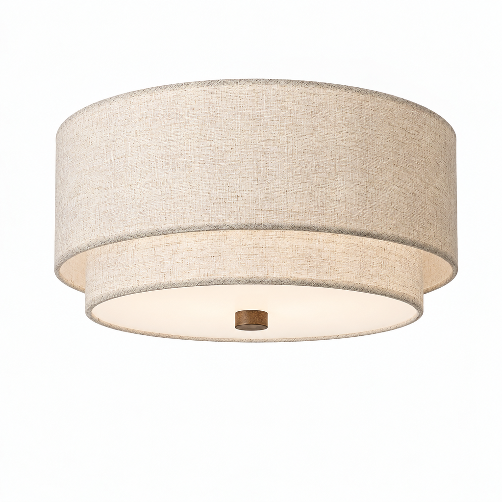 Two-tier natural linen drum ceiling light with diffuser and bronze finial