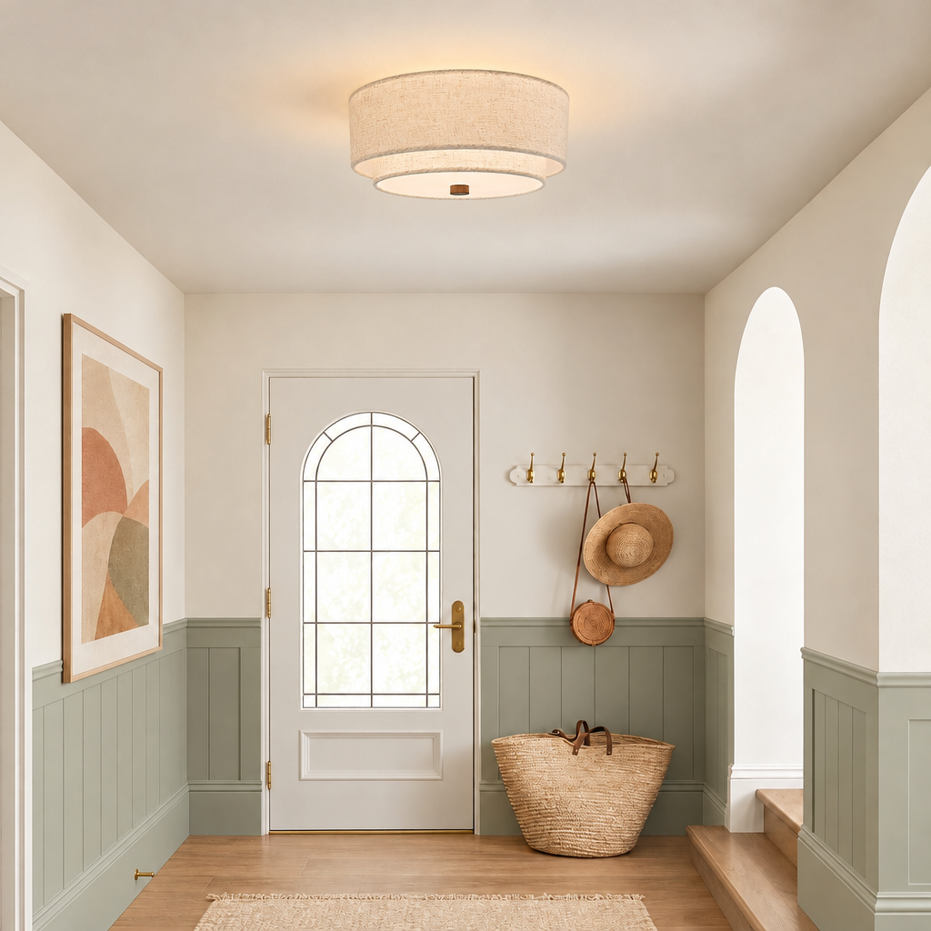 Two-tier linen drum ceiling light glowing in an entrance hall with sage green panelling and an arched front door