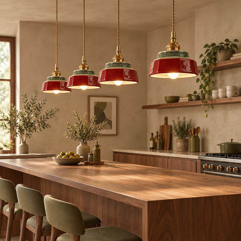 Red glazed ceramic pendant lights above a walnut kitchen island