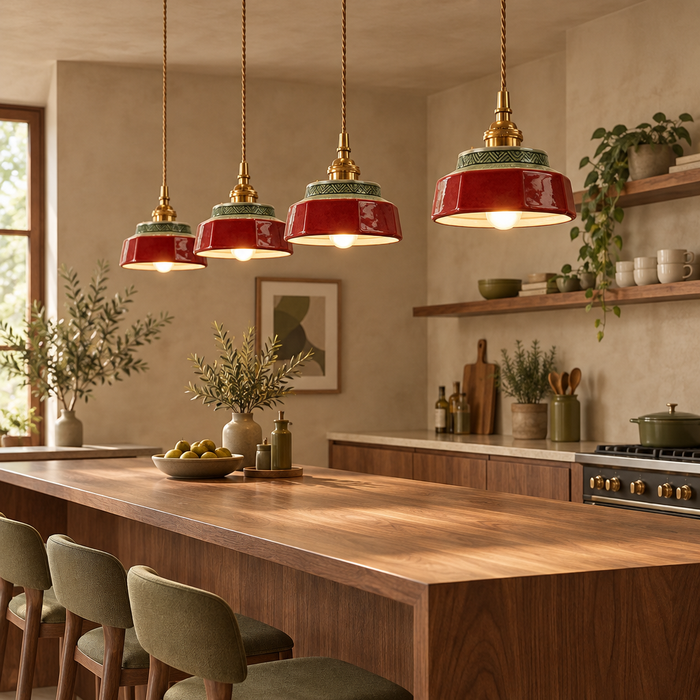 Red glazed ceramic pendant lights above a walnut kitchen island
