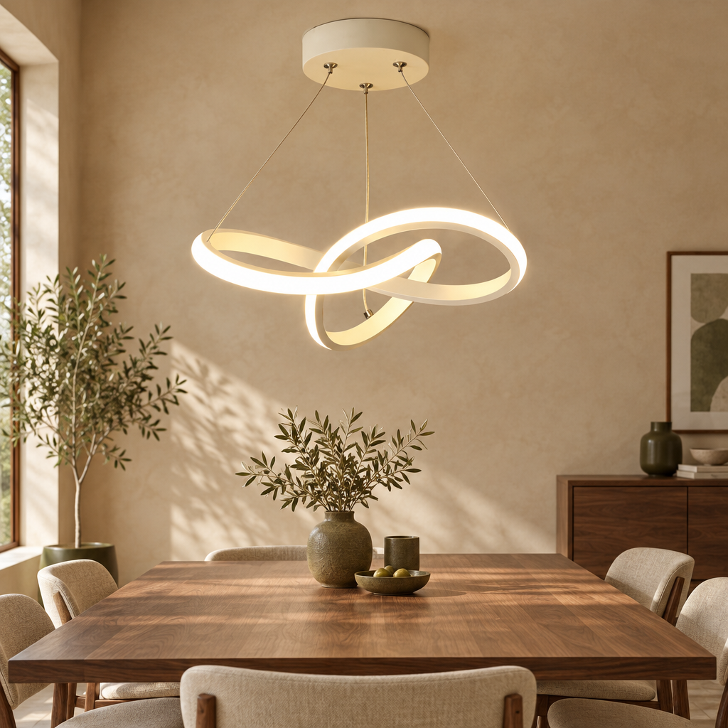 White twisted ring LED pendant light above a walnut dining table