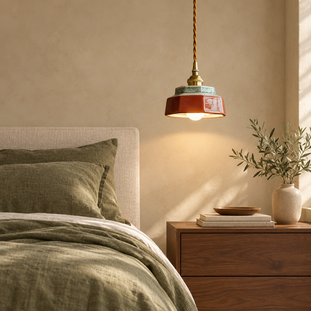 Red glazed ceramic pendant light beside a bed in a warm beige bedroom