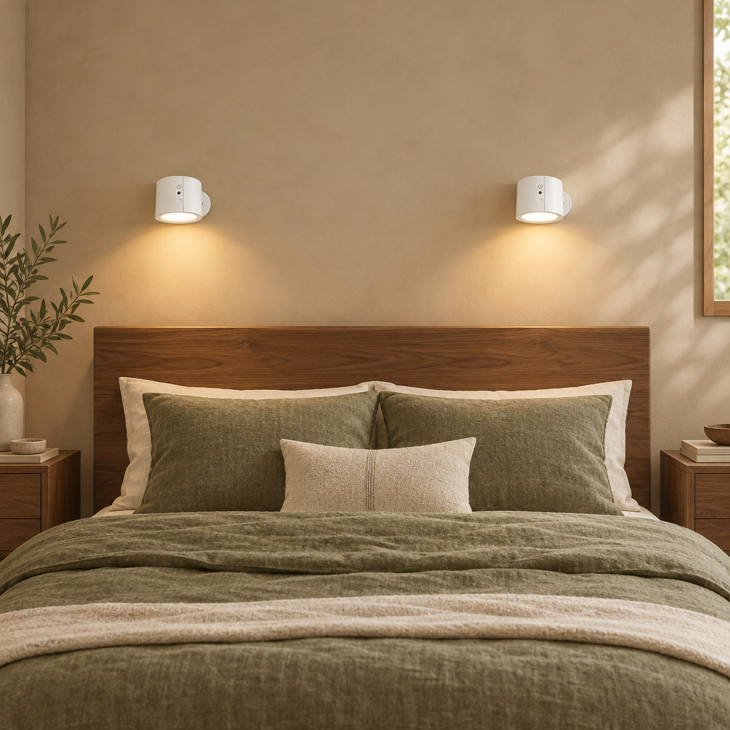 Two white magnetic sphere wall lights either side of a bed in a warm beige bedroom