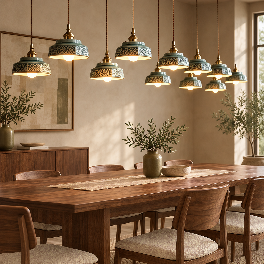 Green glazed ceramic pendant lights above a walnut dining table