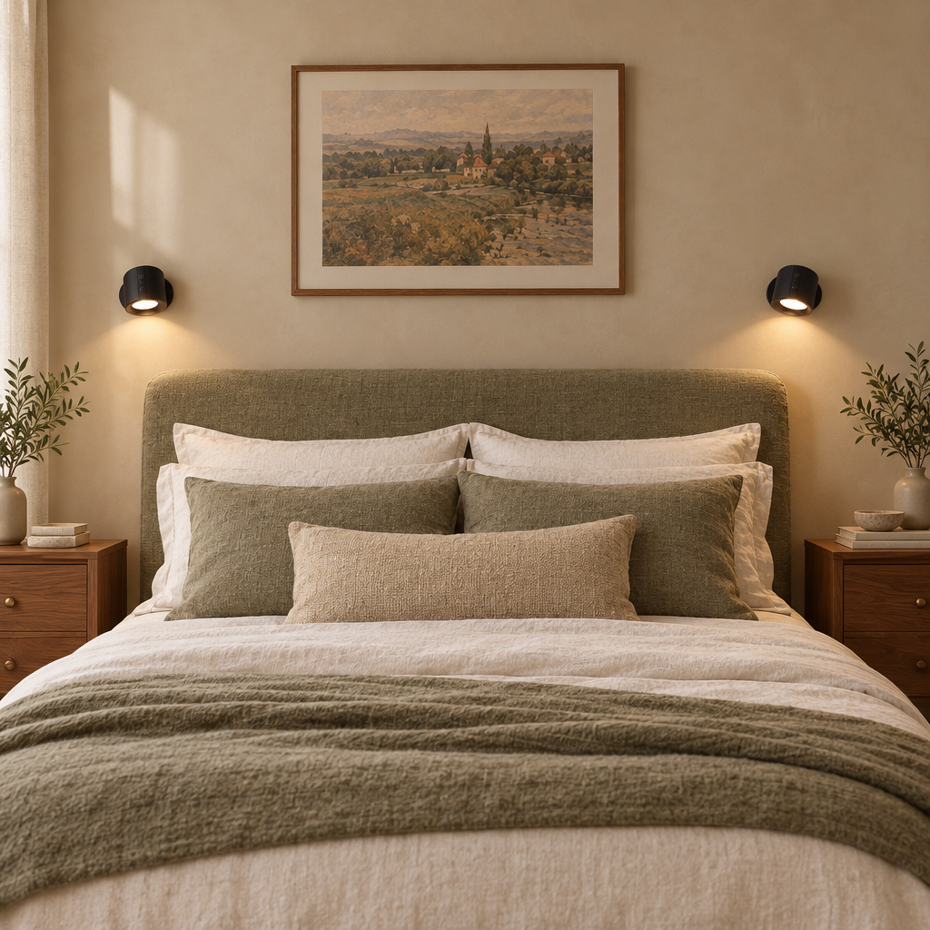 Black magnetic wall lights as bedside reading lights above walnut nightstands