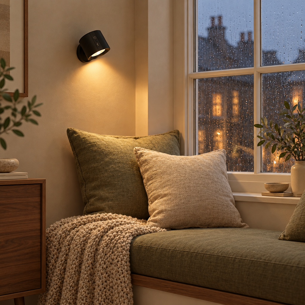 Black magnetic wall light above a cosy window seat in the evening