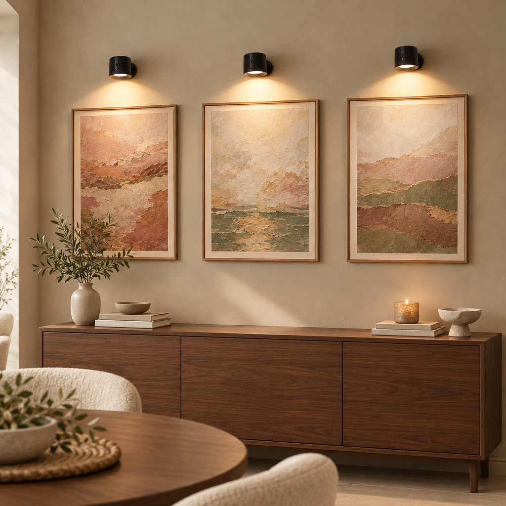 Three black magnetic wall lights as picture lights above framed paintings
