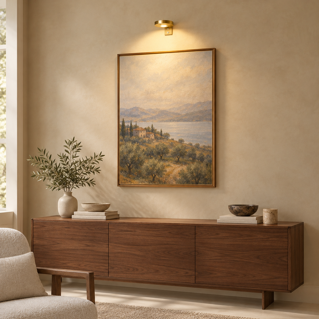Gold picture light above a framed landscape painting on a warm beige wall