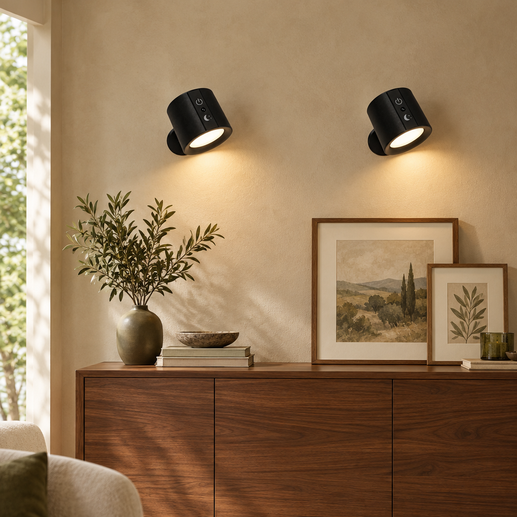 Two black magnetic wall lights above a walnut sideboard with framed art