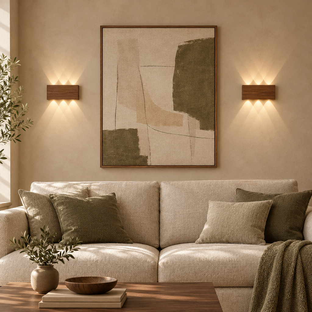 Pair of walnut up and down wall lights above a linen sofa in a warm living room