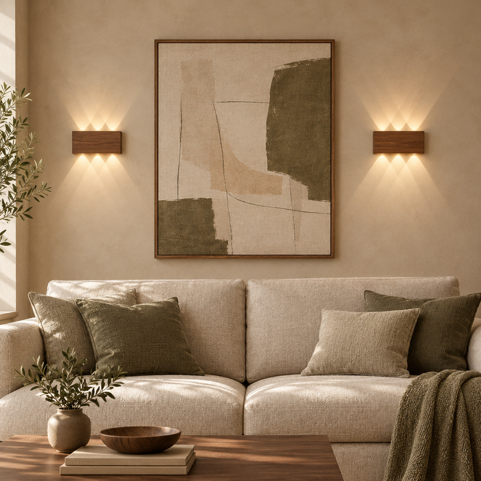 Pair of walnut up and down wall lights above a linen sofa in a warm living room