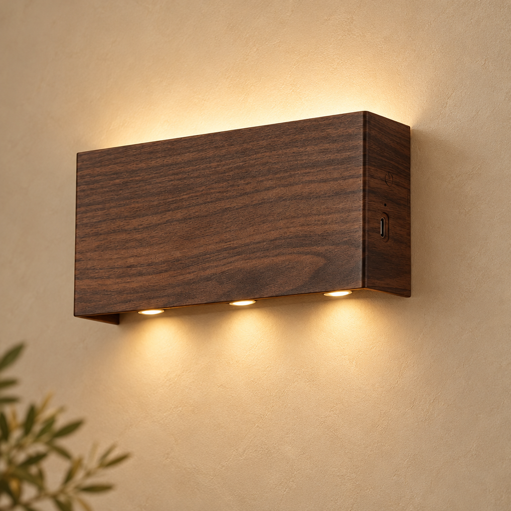 Close-up of a walnut rectangular wall light casting soft up and down light
