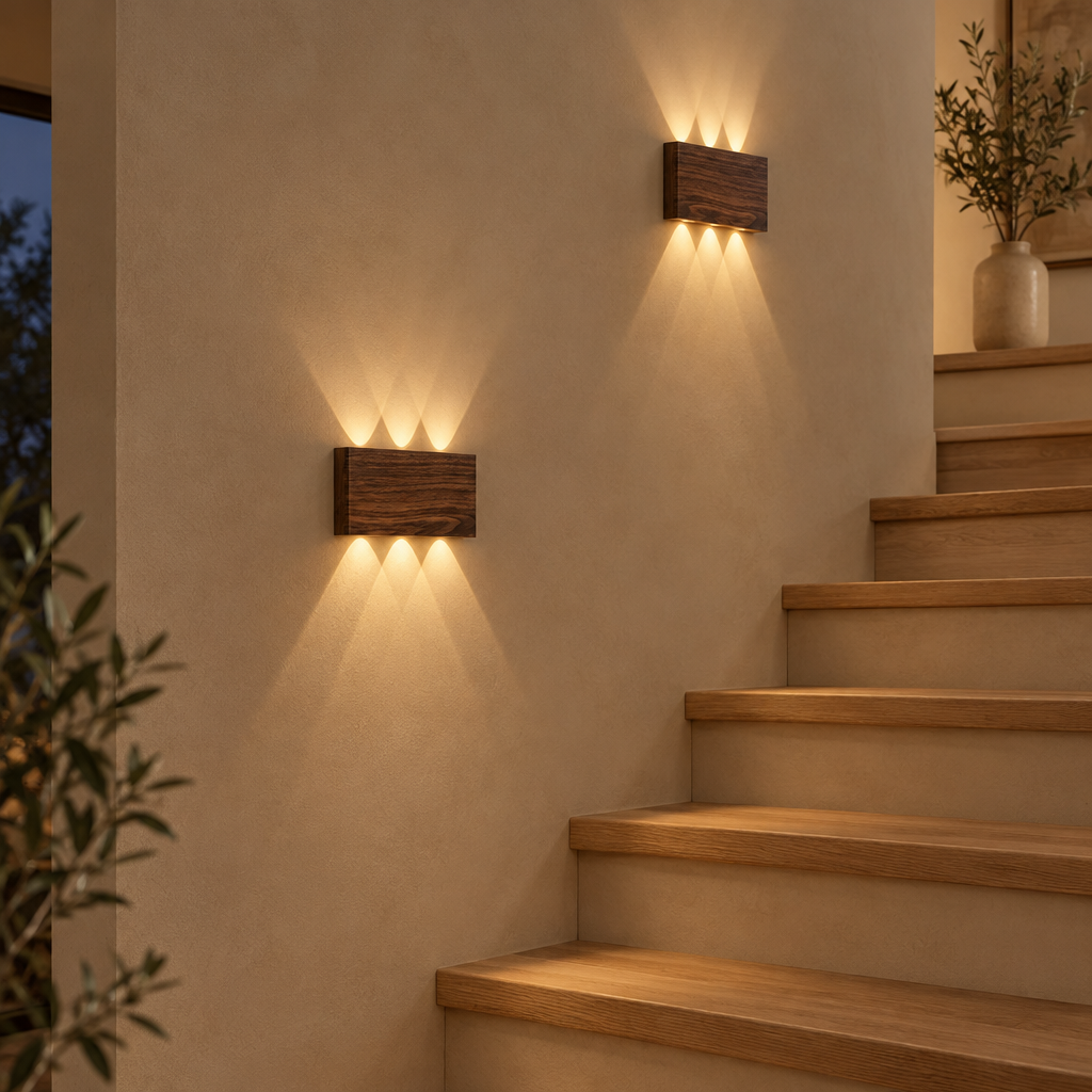 Walnut up and down wall lights lighting a staircase