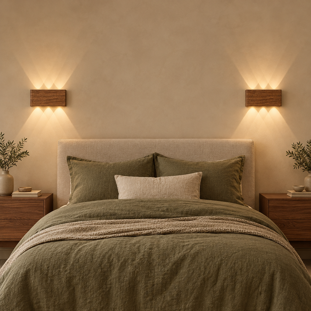 Walnut rechargeable wall lights either side of a bed with olive green linen