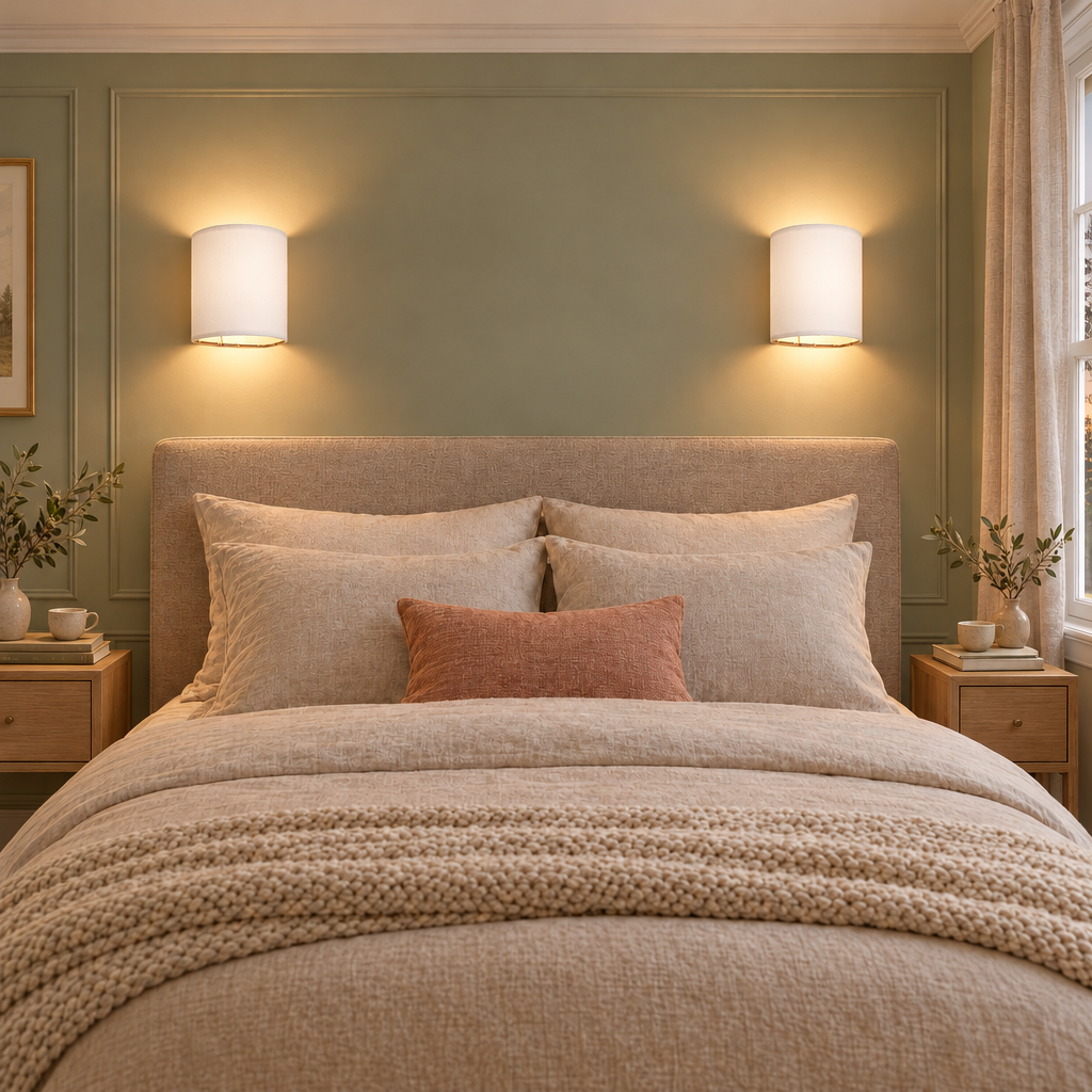 Pair of pure white fabric-shade wall lights glowing above a bed