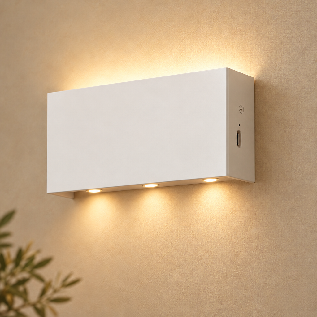 Close-up of a matte white rectangular up and down wall light