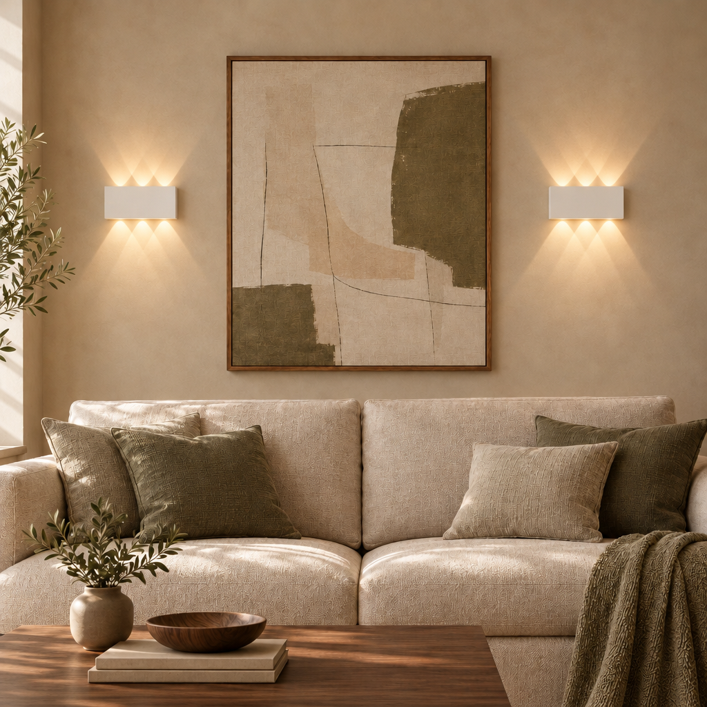 Pair of white up and down wall lights above a linen sofa