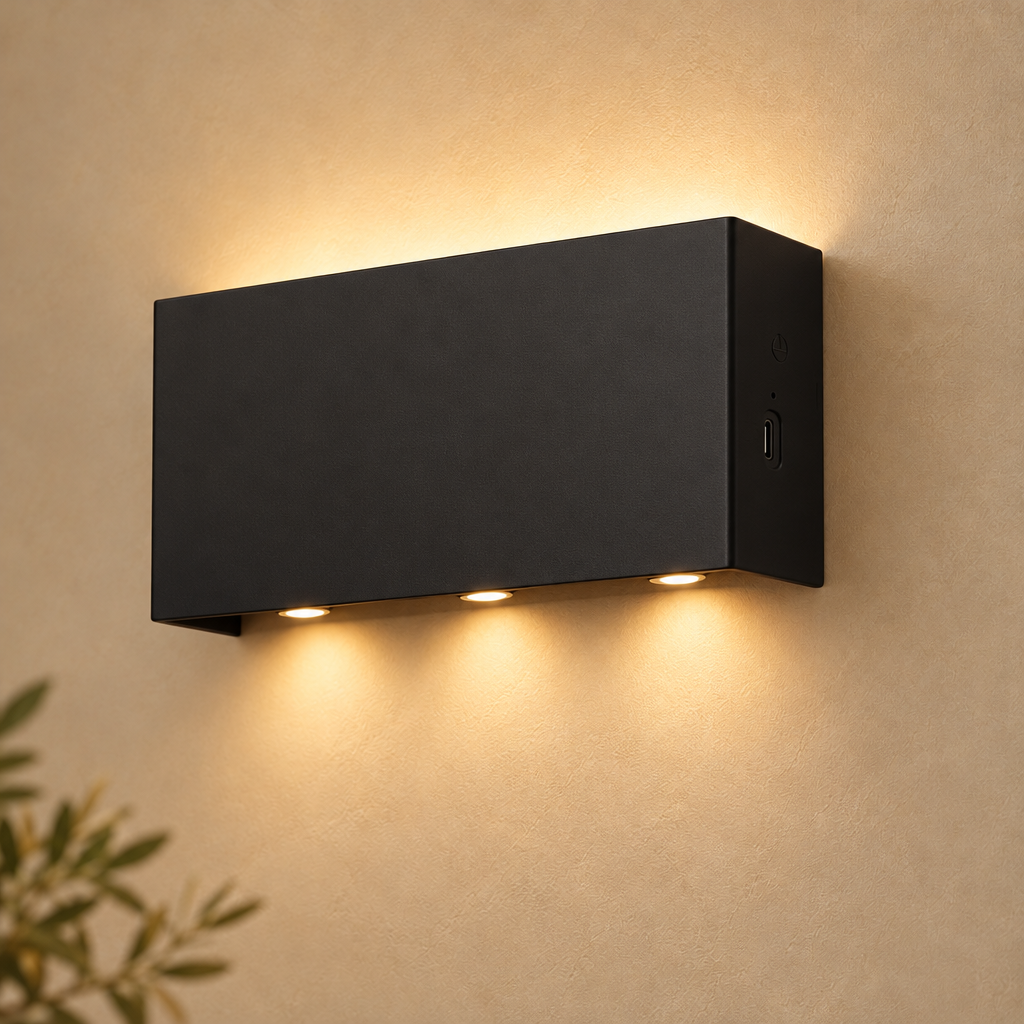 Close-up of a matte black rectangular up and down wall light