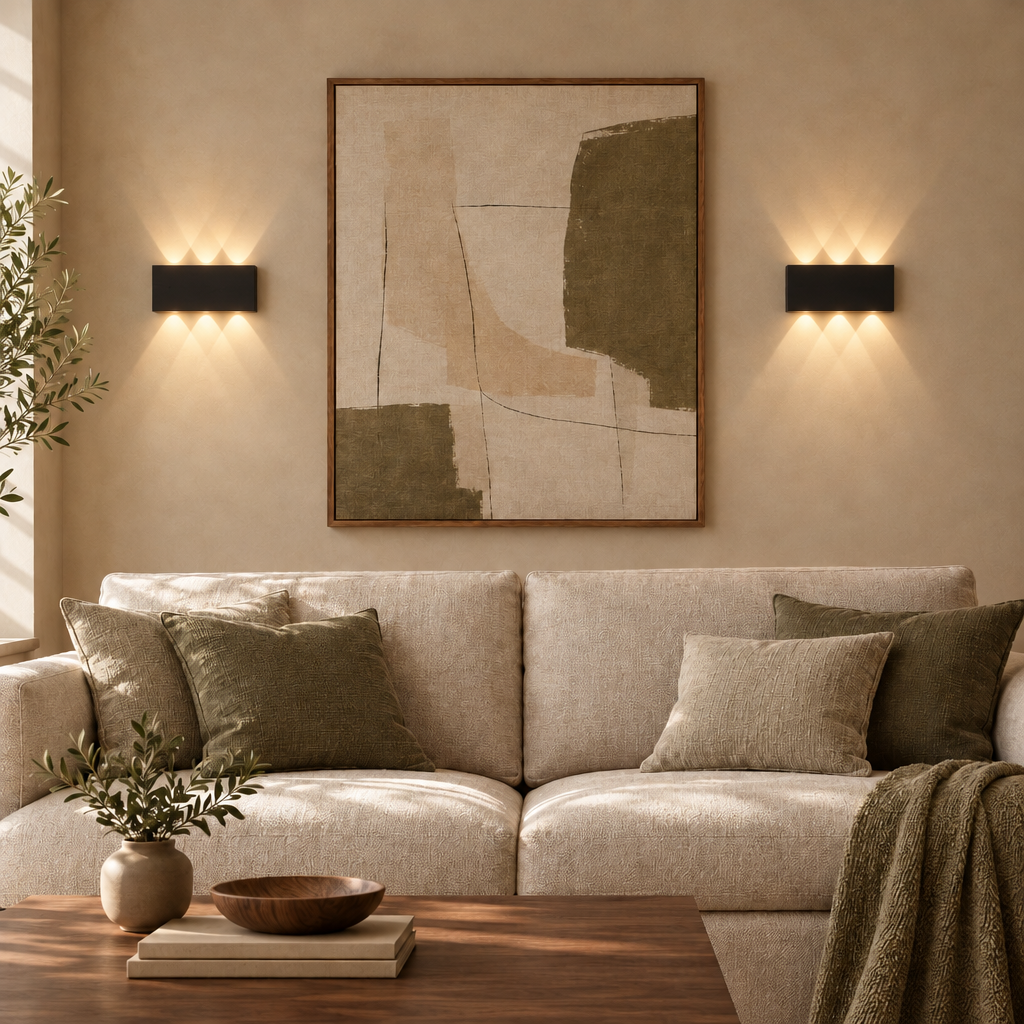 Pair of black up and down wall lights above a linen sofa